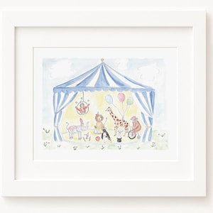 Watercolor Circus Animals Nursery Art | Circus Nursery Decor | Elephant, Giraffe, Lion, Bear, Bunny, Monkey, Penguin | Blue Nursery Wall Art image 1