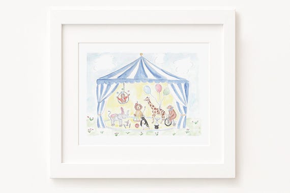 Watercolor Circus Animals Nursery Art | Circus Nursery Decor | Elephant, Giraffe, Lion, Bear, Bunny, Monkey, Penguin | Blue Nursery Wall Art