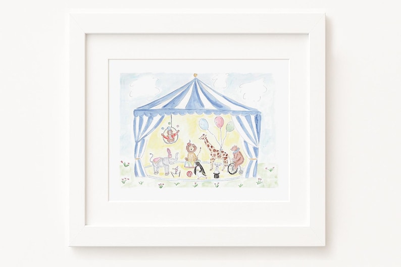 Watercolor Circus Animals Nursery Art | Circus Nursery Decor | Elephant, Giraffe, Lion, Bear, Bunny, Monkey, Penguin | Blue Nursery Wall Art image 1