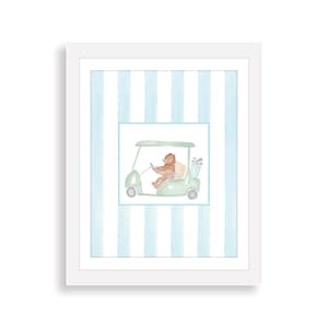 Golfing Bear Golf Cart Watercolor Art Print | Masters Golf Nursery Wall Art | Play Room Wall Art | Preppy Grandmillennial Nursery Art