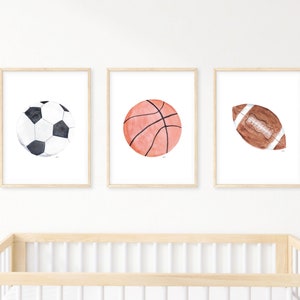 Baby Boy Nursery Decor | Watercolor Sports Nursery Art | Soccer Ball, Basketball, Football | Nursery Wall Art Boy | Boy Nursery Art Prints