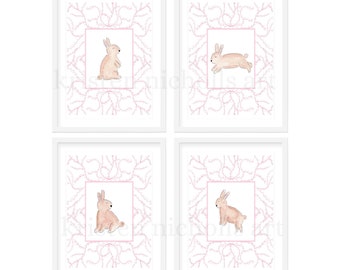 Watercolor Bunny Rabbit Nursery Art Prints | Baby Animals Wall Art | Baby Girl Decor | Pink Flowers Art | Preppy Classic | Art Above Crib