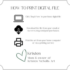 Puede incluir: C&oacute;mo imprimir un archivo digital. Instrucciones para descargar e imprimir un archivo digital desde Etsy. Las instrucciones incluyen iconos para una computadora, una descarga desde la nube y una impresora. El texto en la parte inferior de la imagen dice "Kristen Mom & owner of Kristen Nicholls Art".