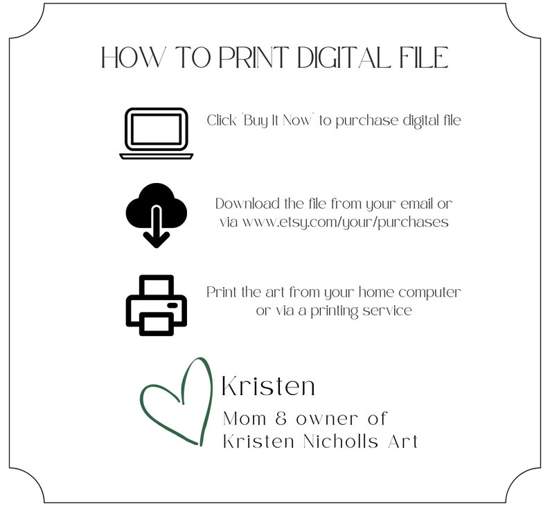 Puede incluir: C&oacute;mo imprimir un archivo digital. Instrucciones para descargar e imprimir un archivo digital desde Etsy. Las instrucciones incluyen iconos para una computadora, una descarga desde la nube y una impresora. El texto en la parte inferior de la imagen dice "Kristen Mom & owner of Kristen Nicholls Art".