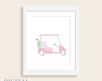 Pink Golf Watercolor Nursery Wall Art Print | Girl Nursery Decor | Watercolor Golf Cart | Pink Girl Nursery Art | Golf Birthday | DIGITAL