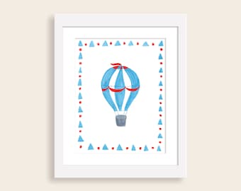 Red and Blue Hot Air Balloon Watercolor Nursery Art Print | Boy Nursery Decor | Patriotic Timeless Classic Nursery Wall Art | Playroom Art