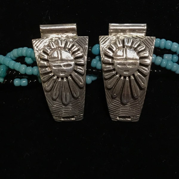 Vintage AT Artist Zuni Sterling Silver Sun Face Watch Band End Pieces