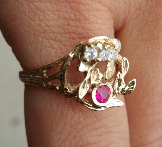 Very Vintage 14k Yellow Gold Estate Ruby and Diam… - image 2