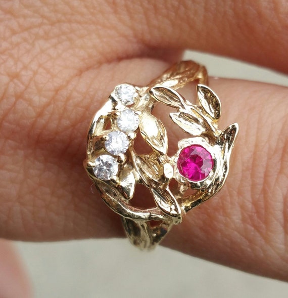 Very Vintage 14k Yellow Gold Estate Ruby and Diam… - image 1