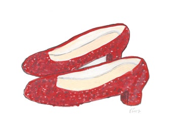Wizard of Oz Art Print, Ruby Red Shoes Illustration, Wall Decor