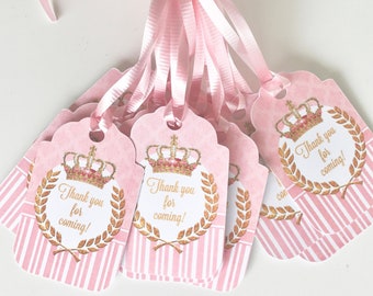 Princess Thank You Tags 12 Pcs, Crown Birthday Decoration, Gold Party Supplies, Pink Princess Baby Shower Themed, Gold Princess Party Favors