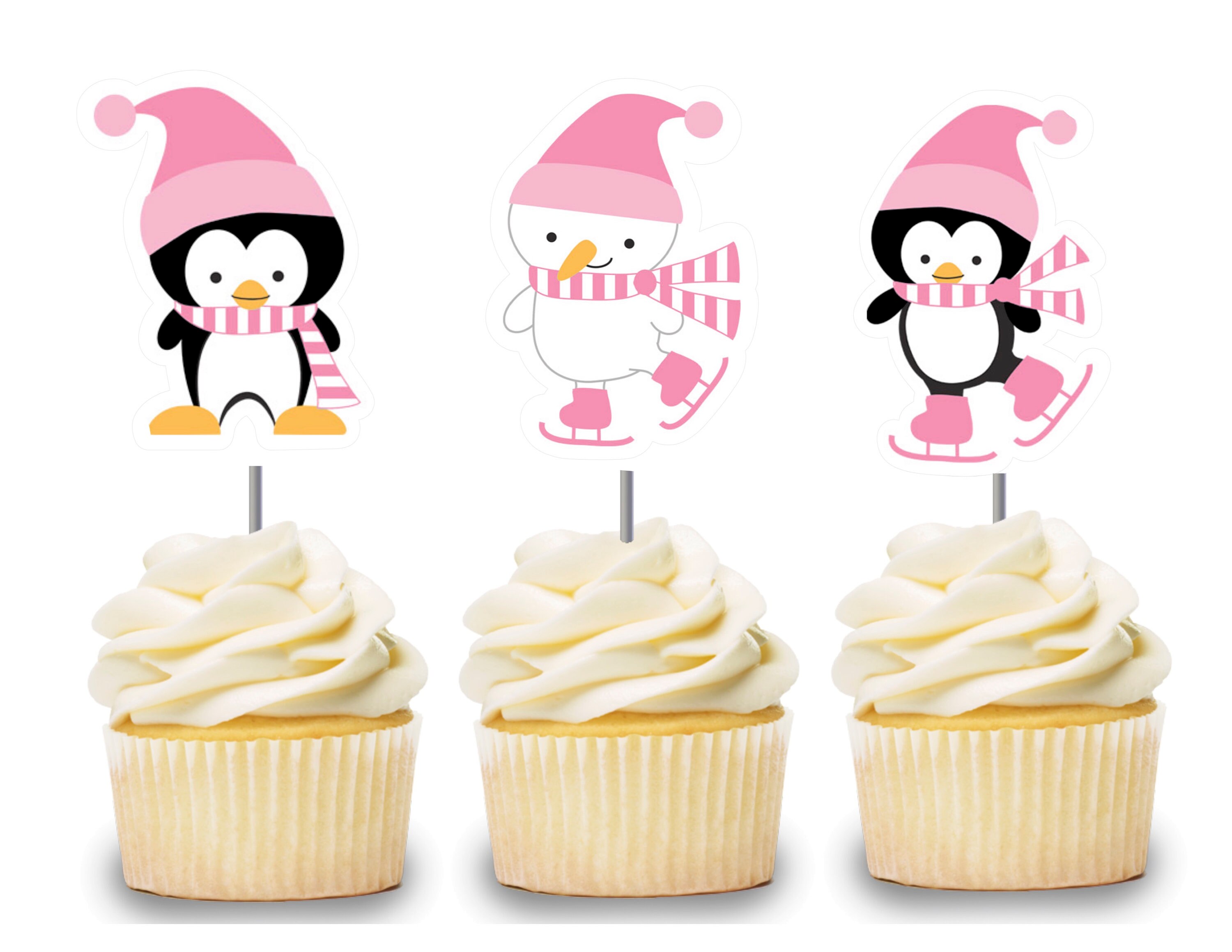 Pink Penguin Cupcake Toppers Ice Skating Cake Picks Winter