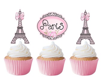 Paris Cupcake Toppers 12pcs, Pink Ooh La La Cake Picks, Birthday Decoration, Party Supplies, Eiffel Tower Baby Shower, Wedding, Bachelorette