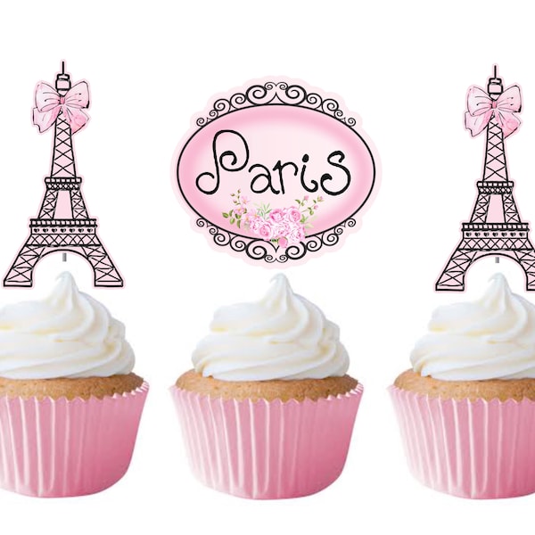 Paris Cupcake Toppers 12pcs, Pink Ooh La La Cake Picks, Birthday Decoration, Party Supplies, Eiffel Tower Baby Shower, Wedding, Bachelorette