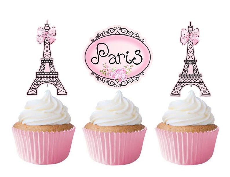 Paris Cupcake Toppers 12pcs, Pink Ooh La La Cake Picks, Birthday Decoration, Party Supplies, Eiffel Tower Baby Shower, Wedding, Bachelorette 12 Cupcake toppers