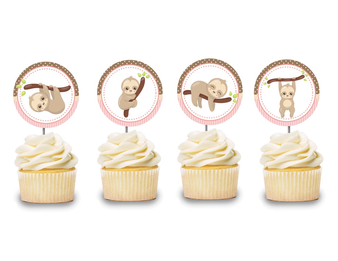 Pink Sloth Cupcake Toppers 12 PCS, Girl Sloth Cake Picks, Sloth Baby