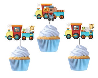Train Cupcake Toppers | All Aboard Cake Picks | Boys Choo Choo Train First Birthday | Boy Baby Shower Decor | Safari Bear Party Supplies