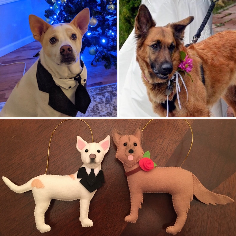 Pode incluir: Uma colagem com tr&ecirc;s imagens: um c&atilde;o de smoking, um c&atilde;o com coleira floral e dois enfeites de c&atilde;o de feltro. Os enfeites retratam um c&atilde;o branco de smoking e um c&atilde;o castanho com coleira de rosas.
