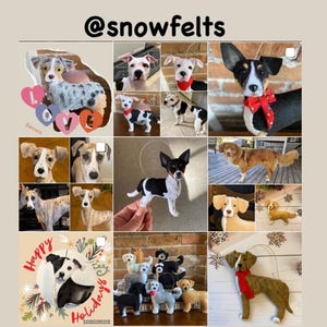 Pode incluir: Uma colagem de enfeites e ilustra&ccedil;&otilde;es de c&atilde;es de feltro. Os enfeites incluem v&aacute;rias ra&ccedil;as, alguns com la&ccedil;os ou len&ccedil;os vermelhos. O texto "Happy Holidays" e "Love Forever" tamb&eacute;m &eacute; vis&iacute;vel.