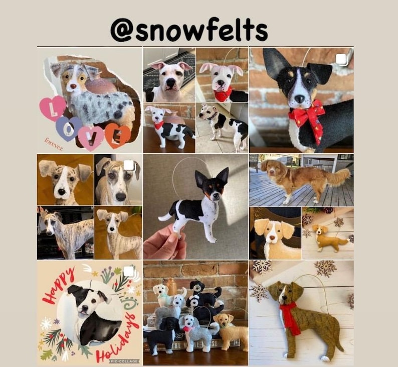 Pode incluir: Uma colagem de enfeites e ilustra&ccedil;&otilde;es de c&atilde;es de feltro. Os enfeites incluem v&aacute;rias ra&ccedil;as, alguns com la&ccedil;os ou len&ccedil;os vermelhos. O texto "Happy Holidays" e "Love Forever" tamb&eacute;m &eacute; vis&iacute;vel.