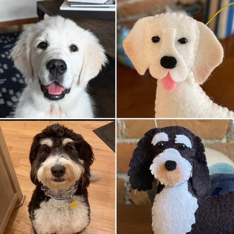Pode incluir: Uma colagem de quatro imagens com c&atilde;es. Canto superior esquerdo: um filhote de golden retriever com uma express&atilde;o feliz. Canto superior direito: um enfeite de cachorro de feltro branco com uma l&iacute;ngua rosa. Canto inferior esquerdo: um c&atilde;o preto e branco usando uma coleira. Canto inferior direito: um enfeite de cachorro de feltro preto e branco.