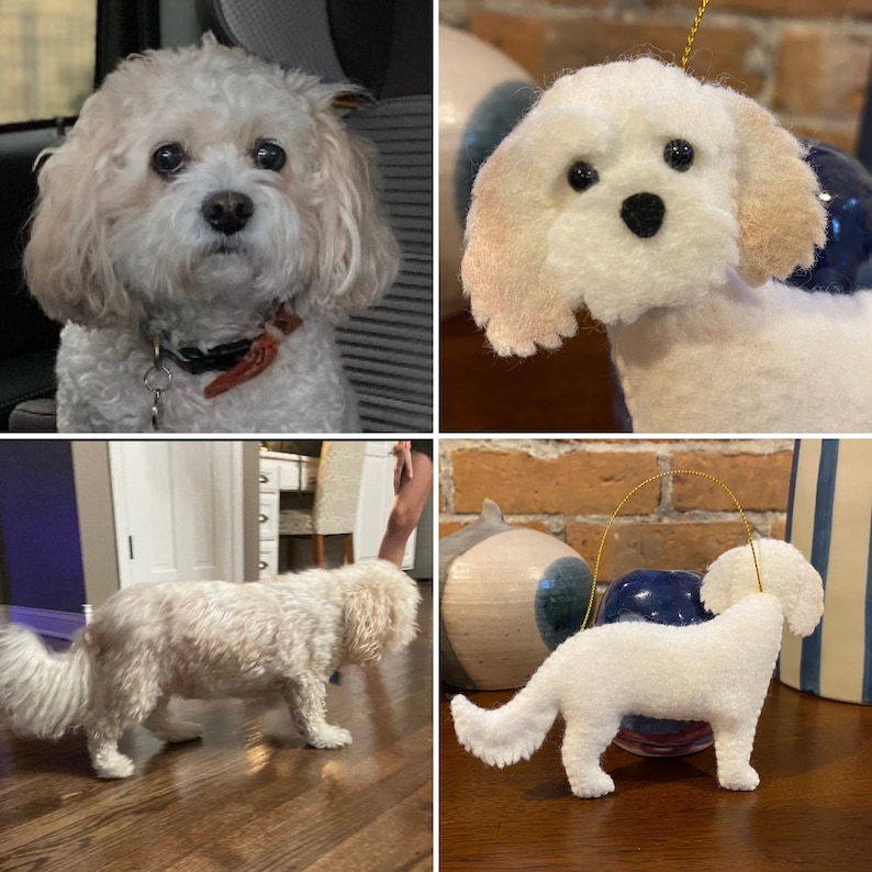 Pode incluir: Uma colagem de imagens com um c&atilde;o branco e fofo e um enfeite de c&atilde;o. O enfeite &eacute; branco com um fio dourado para pendurar. O c&atilde;o est&aacute; num carro e num ch&atilde;o de madeira.