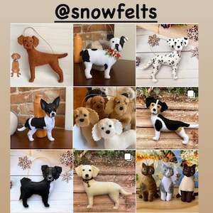 Pode incluir: Uma cole&ccedil;&atilde;o de enfeites de c&atilde;es de feltro feitos &agrave; m&atilde;o em v&aacute;rias ra&ccedil;as e cores, incluindo um d&aacute;lmata, um c&atilde;o preto e branco e um c&atilde;o castanho. Os enfeites s&atilde;o exibidos em uma superf&iacute;cie de madeira, para decora&ccedil;&otilde;es de f&eacute;rias.