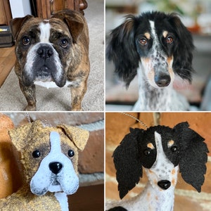 Pode incluir: Uma colagem de quatro imagens com c&atilde;es. No canto superior esquerdo, um buldogue tigrado com uma faixa branca no rosto. No canto superior direito, um c&atilde;o de focinho comprido com pelo preto e branco. As imagens inferiores s&atilde;o enfeites de c&atilde;o de feltro.