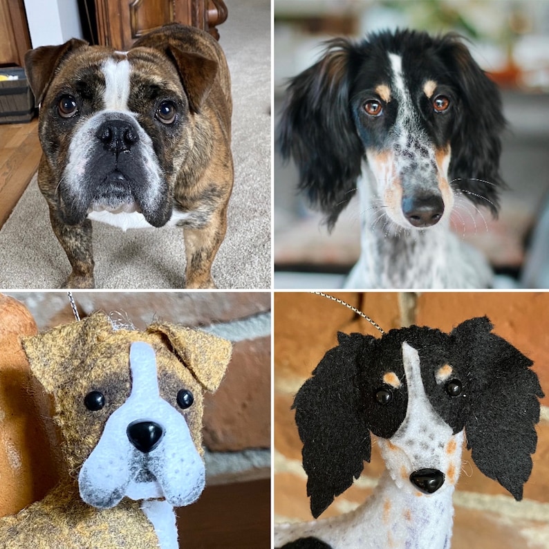 Pode incluir: Uma colagem de quatro imagens com c&atilde;es. No canto superior esquerdo, um buldogue tigrado com uma faixa branca no rosto. No canto superior direito, um c&atilde;o de focinho comprido com pelo preto e branco. As imagens inferiores s&atilde;o enfeites de c&atilde;o de feltro.