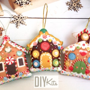DIY kit felt Christmas ornaments set, Gingerbread house ornament DIY kit, DIY kit felt ornaments for beginners, felt Christmas ornament kit