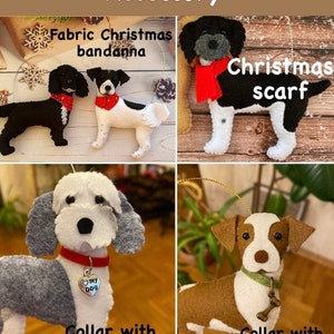 Pode incluir: Uma colagem de enfeites de c&atilde;es de feltro. Um tem uma bandana de Natal vermelha, outro uma echarpe vermelha. Dois outros t&ecirc;m coleiras, uma com um pingente de cora&ccedil;&atilde;o de metal e outra com um osso de metal.