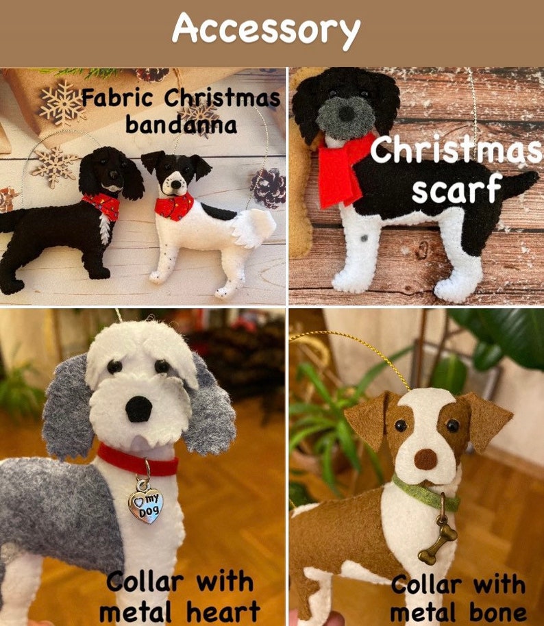 Pode incluir: Uma colagem de enfeites de c&atilde;es de feltro. Um tem uma bandana de Natal vermelha, outro uma echarpe vermelha. Dois outros t&ecirc;m coleiras, uma com um pingente de cora&ccedil;&atilde;o de metal e outra com um osso de metal.