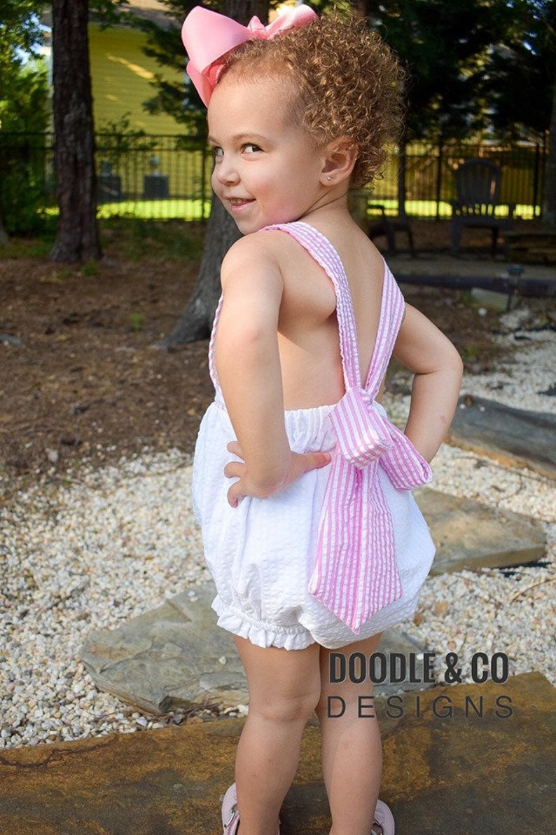 Floral Monogram Baby Girl Sunsuit Personalized Seersucker Etsy