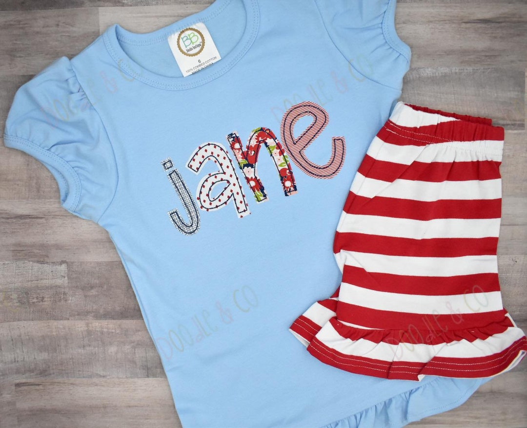 Applique Name Short Set, Alphabet Girl Personalized Shirt, Toddler Girl