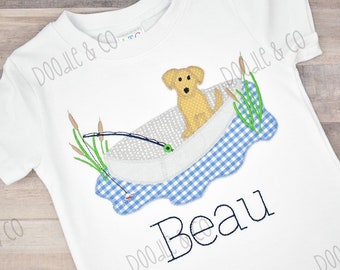 Personalized Boy Fishing Shirt, Puppy Applique, Custom Name Toddler Tee