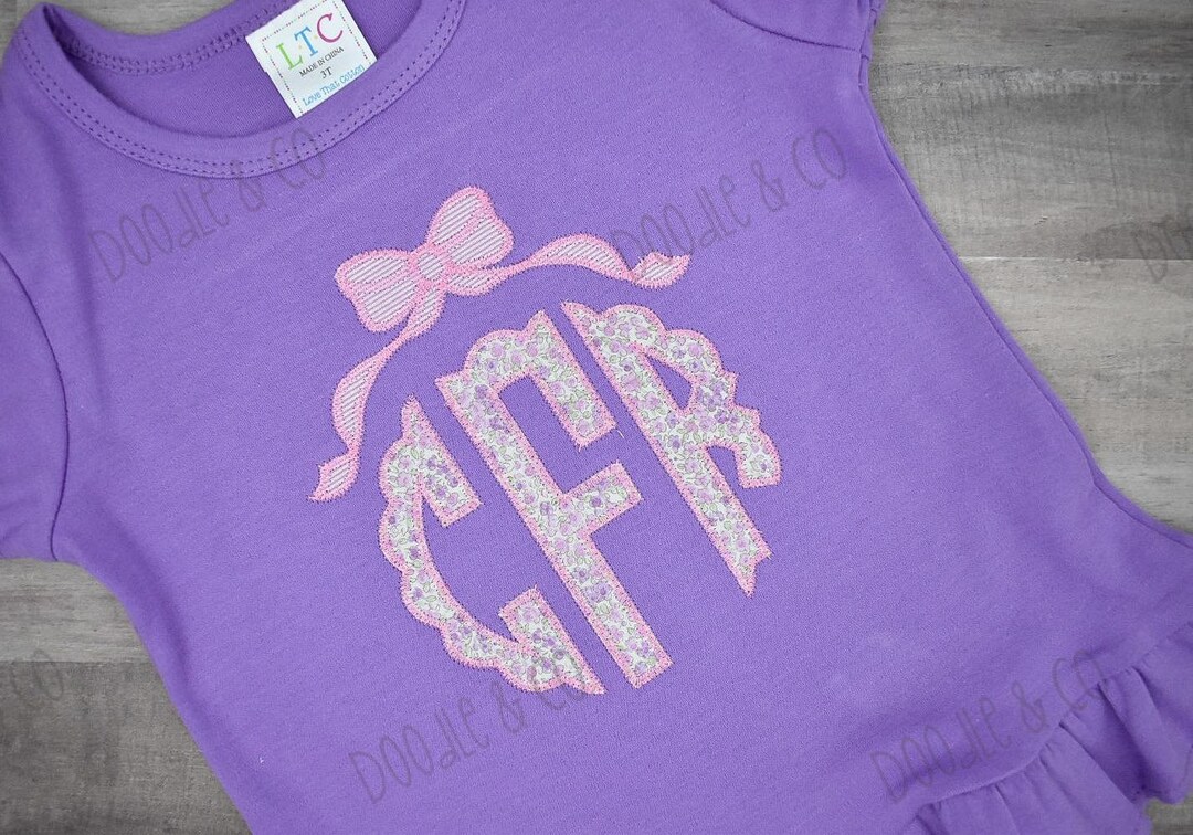 Monogram Girl Ruffle Shirt, Girl Scallop Monogram Shirt With Bow