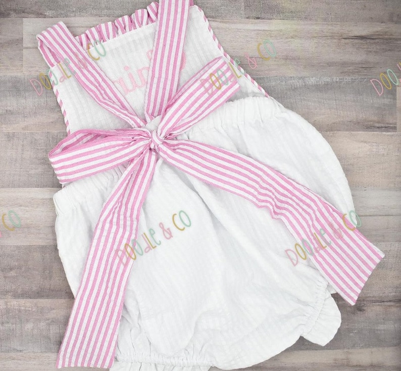 Floral Monogram Baby Girl Sunsuit Personalized Seersucker Etsy
