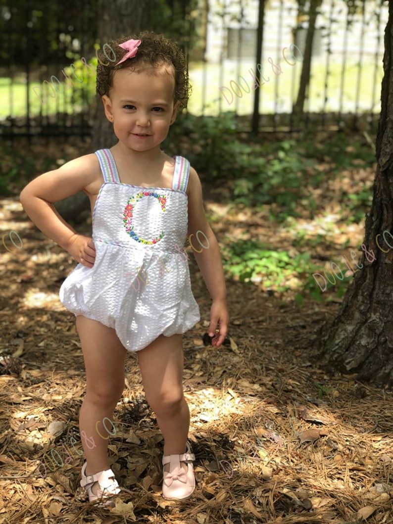 Floral Monogram Baby Girl Sunsuit Personalized Seersucker Etsy