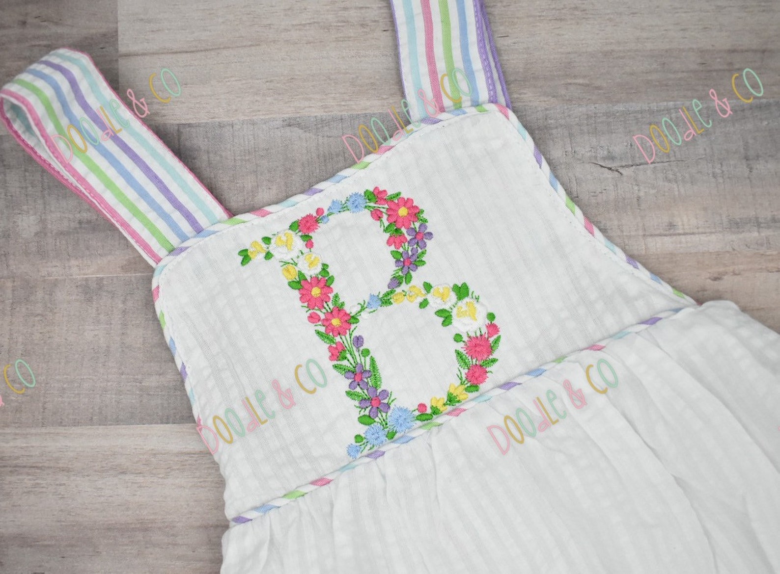 Floral Monogram Baby Girl Sunsuit Personalized Seersucker Etsy