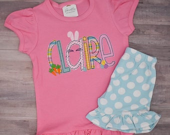 Personalized Easter Outfit: Applique Bunny Name Shirt & Polka Dot Shorts
