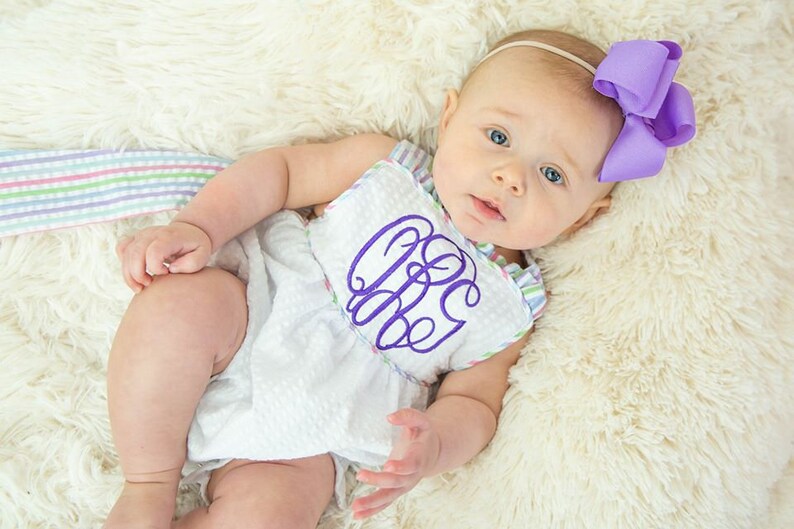 Floral Monogram Baby Girl Sunsuit Personalized Seersucker Etsy