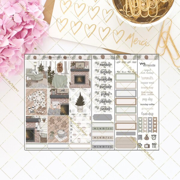 Cozy Winter Stickers /  Vertical Weekly Stickers / White Space / Mini Kit