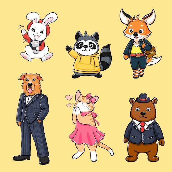 Cute Fashion Cartoon Animals Sticker Printable, Scrapbooking, Journaling, Laptop, Computer, Clip Art, Decoration