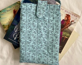 Quilted Book Sleeve with Pocket, Teal Blue Floral, Snap Closure
