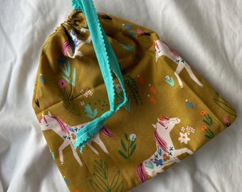 Handmade Unicorn Print Drawstring Bag, Cotton Pencil Bag