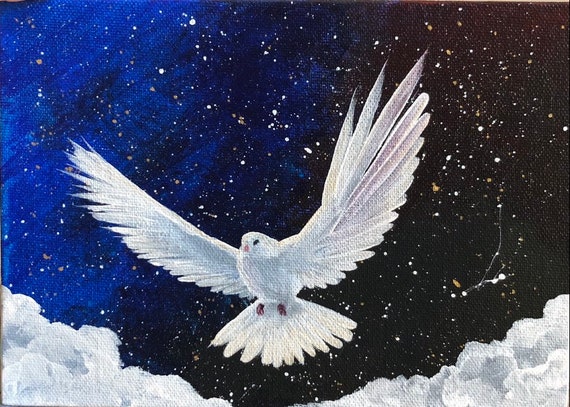 Dove in Space Over Clouds in Acrylic Painting on a 7by5in Canvas