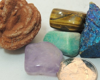 Healing Crystals and Tumbled Chakra Stones Amethyst Amazonite Tiger Eye Chalcopyrite Barite