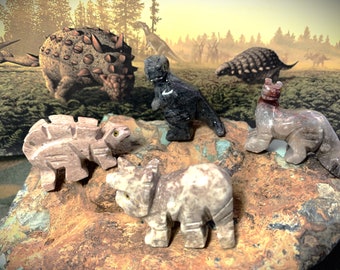 Carved Stone Dinosaurs, set of 4, Handcarved TRex, Stegosaurus, Brontosaurus, Triceritops FREE Shipping