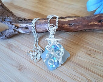 Wire Wrap Sea Glass Necklace | Handmade Silver Necklace | Steampunk Necklace | Unique Gift for Woman Recycled Necklace Birthday present OOAK
