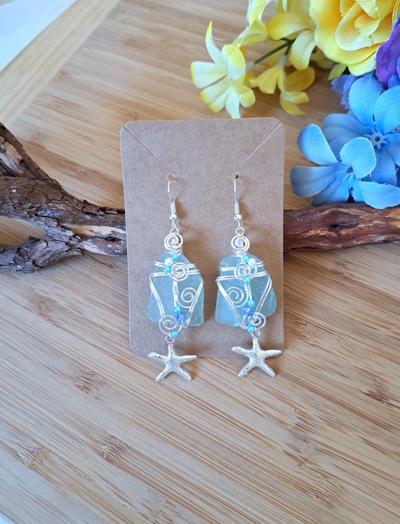 Handmade Wire Wrap Sea Glass Earrings | Sea Glass Jewellery | Boho Beach Glass Earrings | Mermaid Earrings Dangle Earrings Gift for Woman UK